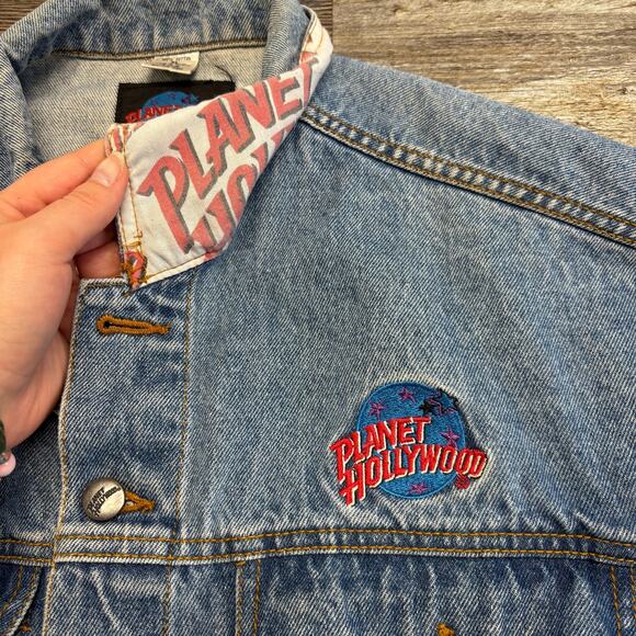 Vintage 90s Planet Hollywood Orlando Blue Mens L Denim Jean Trucker Jacket - Picture 3 of 8